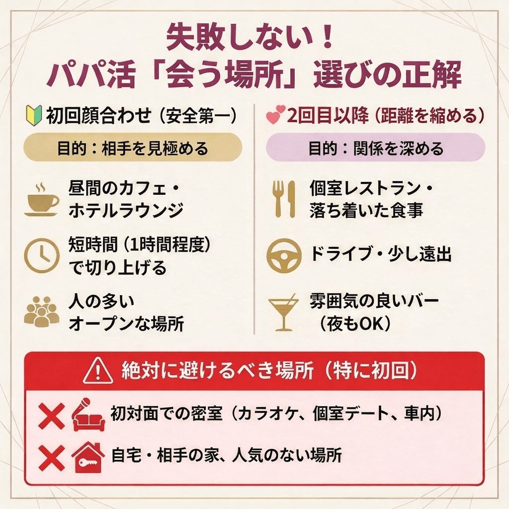 失敗しない！パパ活「会う場所」選びの正解まとめ図解。初回顔合わせは安全第一で「昼間のカフェ・ホテルラウンジ」や「人の多い場所」を選び、短時間で切り上げる。2回目以降は「個室レストラン」「ドライブ」「雰囲気の良いバー」で関係を深める。特に初回は「密室（カラオケ、個室ビデオ、車内）」や「自宅・人気のない場所」は絶対に避けるべき場所として警告されている。