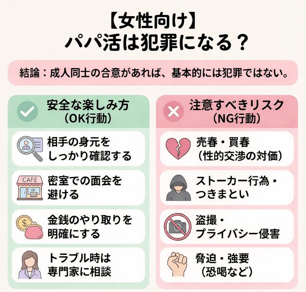 【女性向け】パパ活は犯罪になる？安全な楽しみ方(OK行動)と注意すべきリスク(NG行動)の比較図解。成人間の合意の重要性、身元確認や密室回避の推奨、売春・買春やストーカーなどの犯罪リスクをまとめた画像。