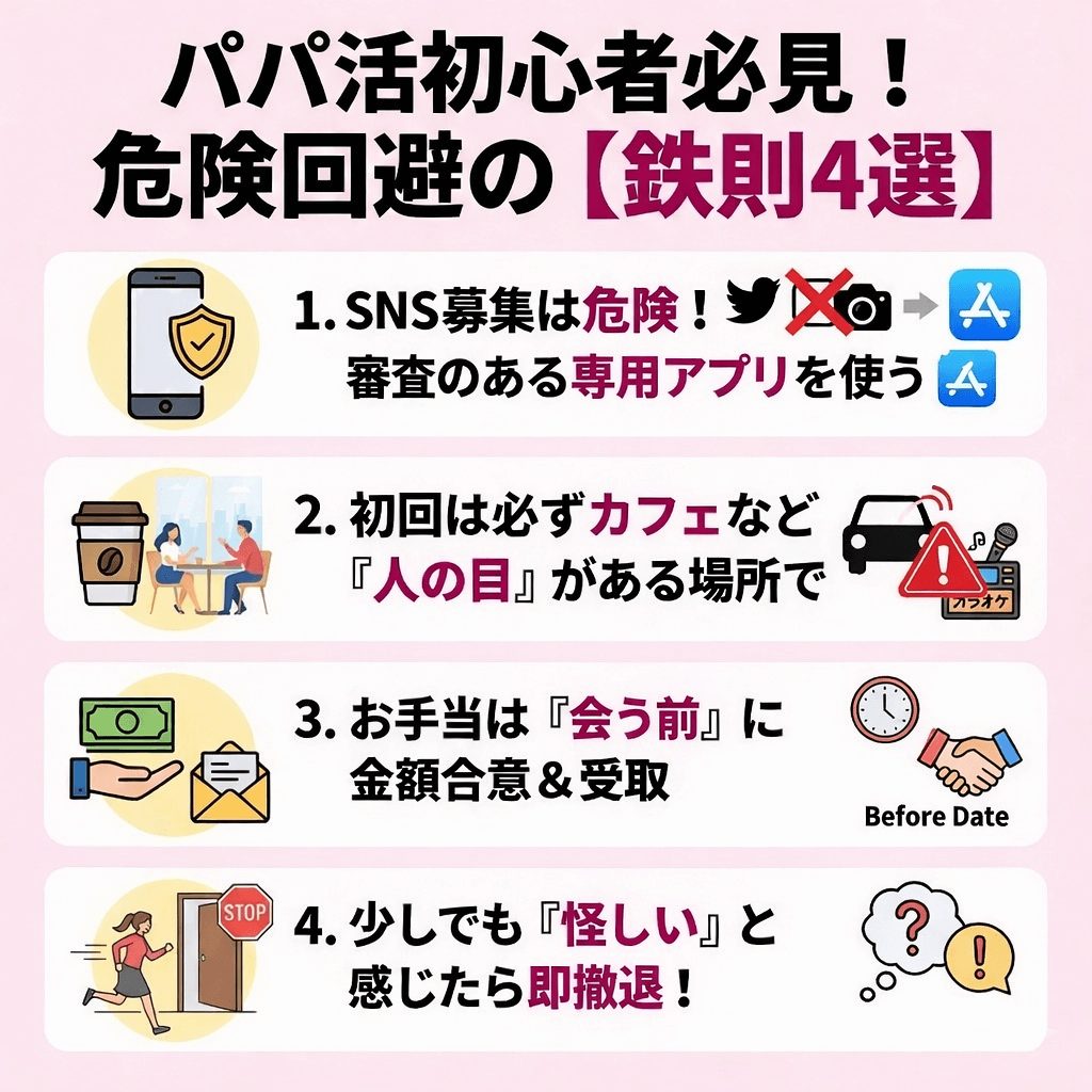 パパ活初心者必見！危険回避の【鉄則4選】まとめ図解。SNS募集は危険、初回はカフェなど公共の場で、お手当は会う前に合意＆受取、少しでも怪しいと感じたら即撤退、という安全対策の重要ポイントを分かりやすくリスト化。