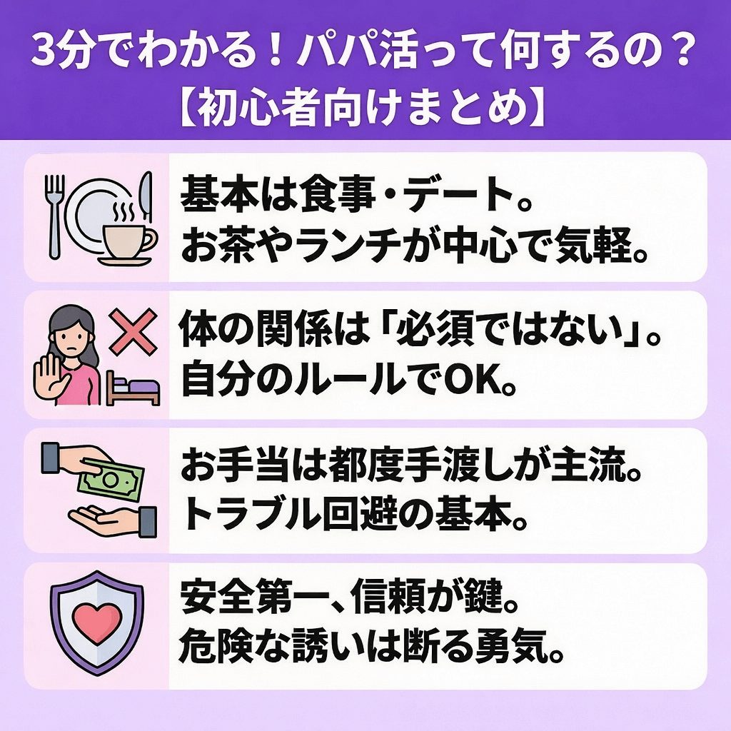 【図解まとめ】パパ活は何する？初心者向けに食事デート、体の関係、お手当の受け渡し、安全対策などの基本を解説。