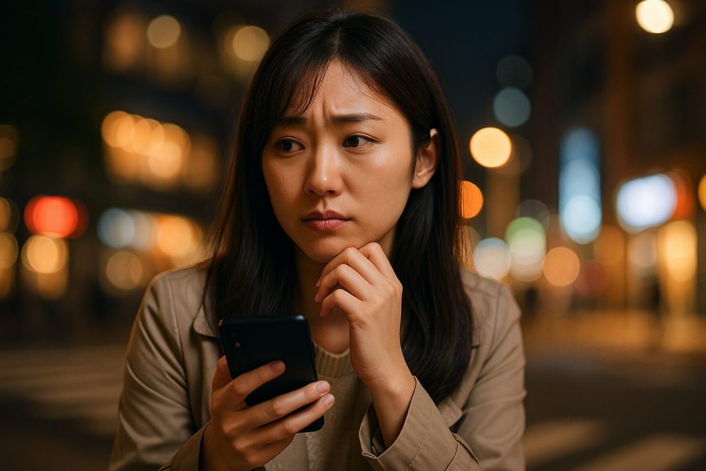 スマホを持ってストレスを感じている女性