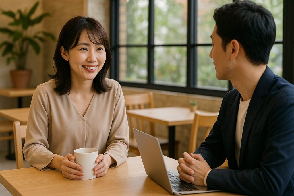 パパ活について説明をうける女性