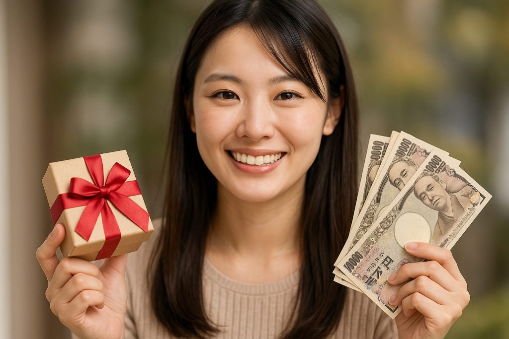 プレゼントと現金を持つ女性