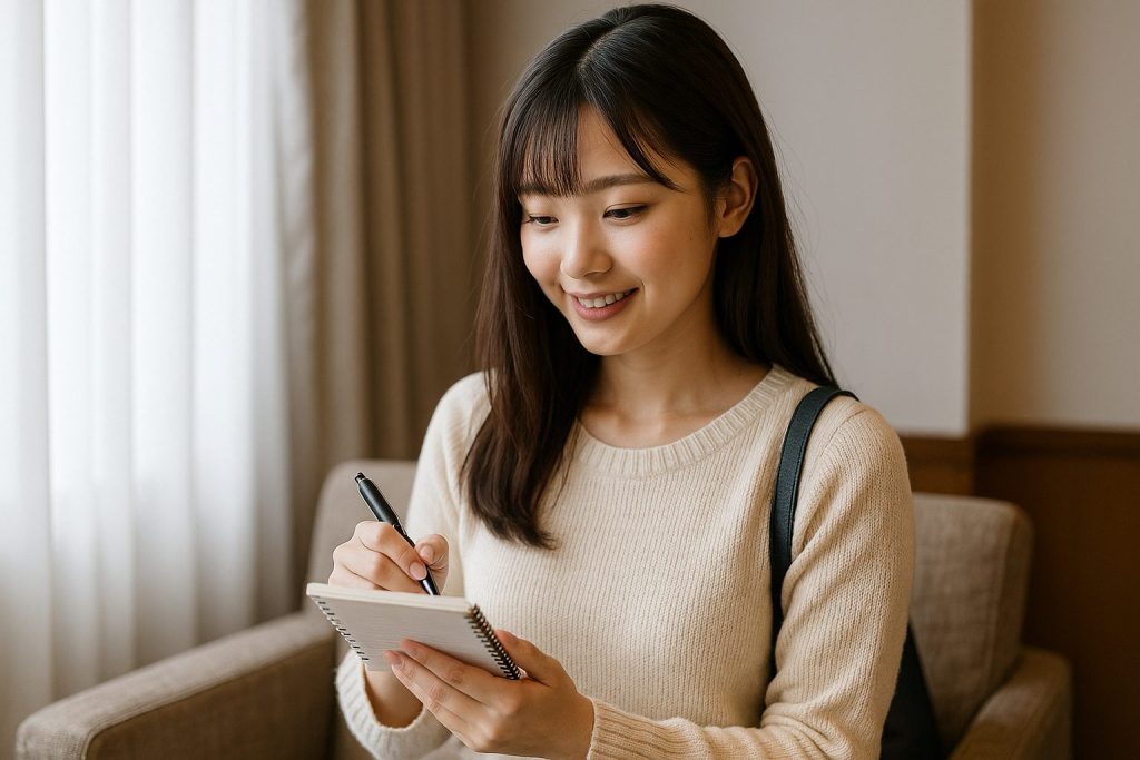 話のネタについてメモを取る女性