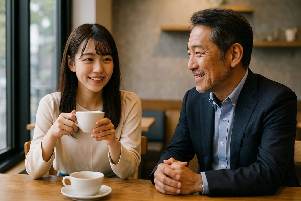 カフェで談笑する男女