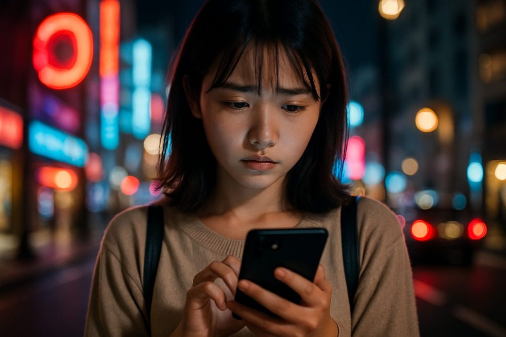 スマホを見て不安顔の女性
