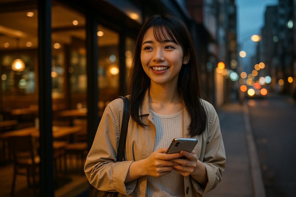 カフェの前で笑顔の女性