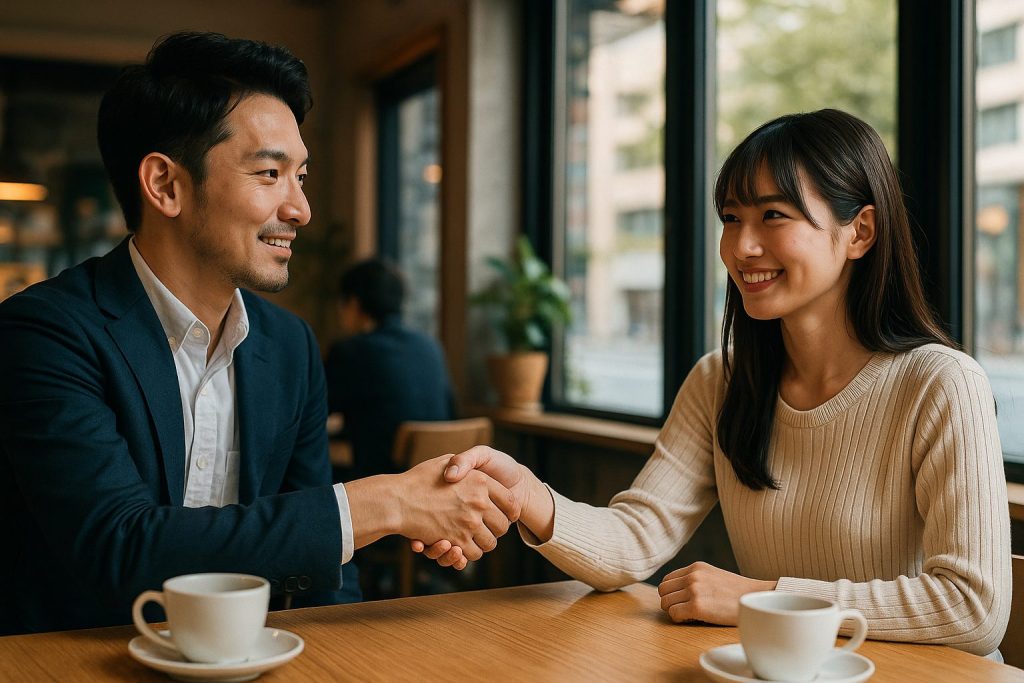 カフェで握手する男女