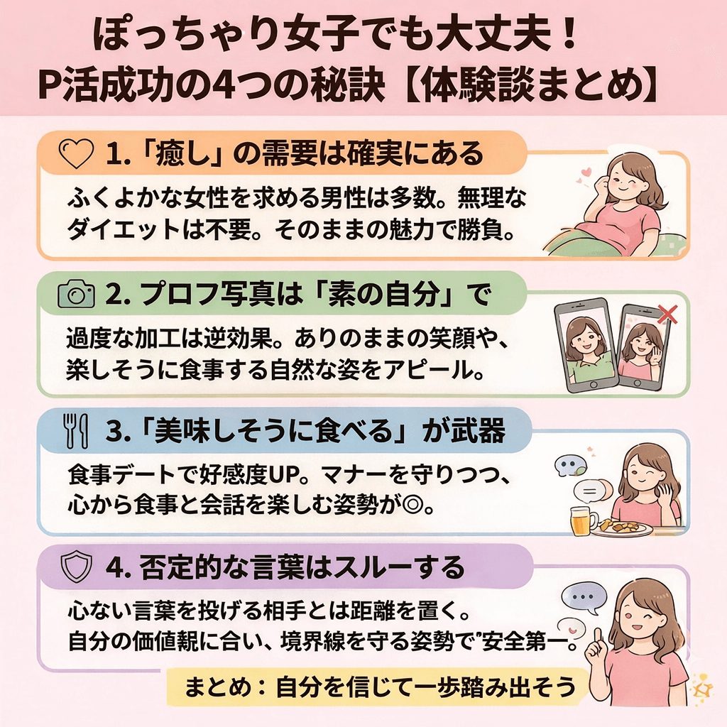 ぽっちゃり女子でも大丈夫！P活成功の4つの秘訣【体験談まとめ】。1.癒しの需要は確実にある、2.プロフ写真は素の自分で、3.美味しそうに食べるが武器、4.否定的な言葉はスルーする、というポイントをイラスト付きで解説したリスト形式の図解。