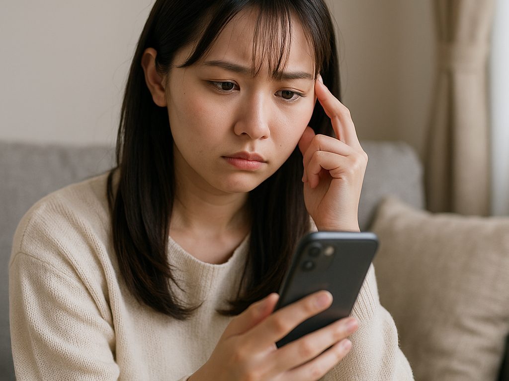 スマホを見て悩む女性