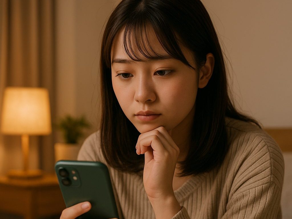 スマホを見て悩む女性