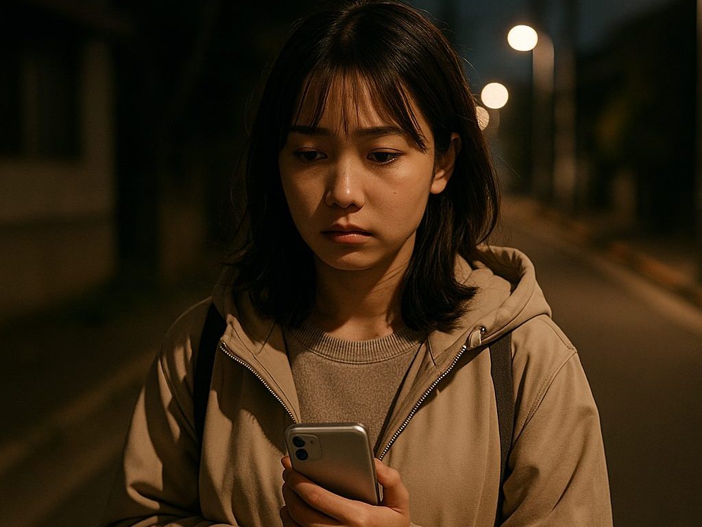 夜道で不安そうな女性
