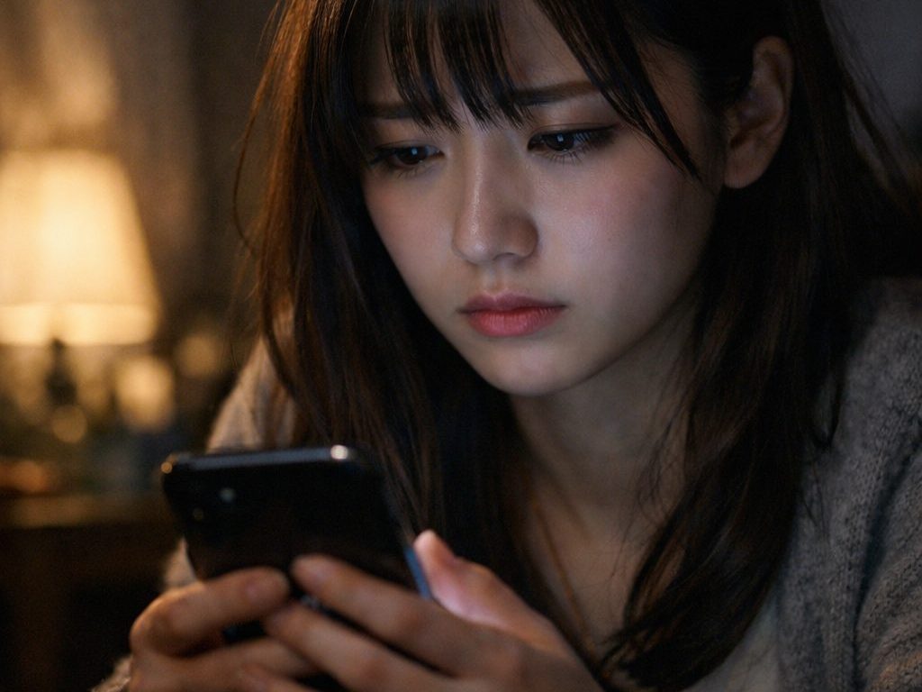 スマホを不安げに見る女性