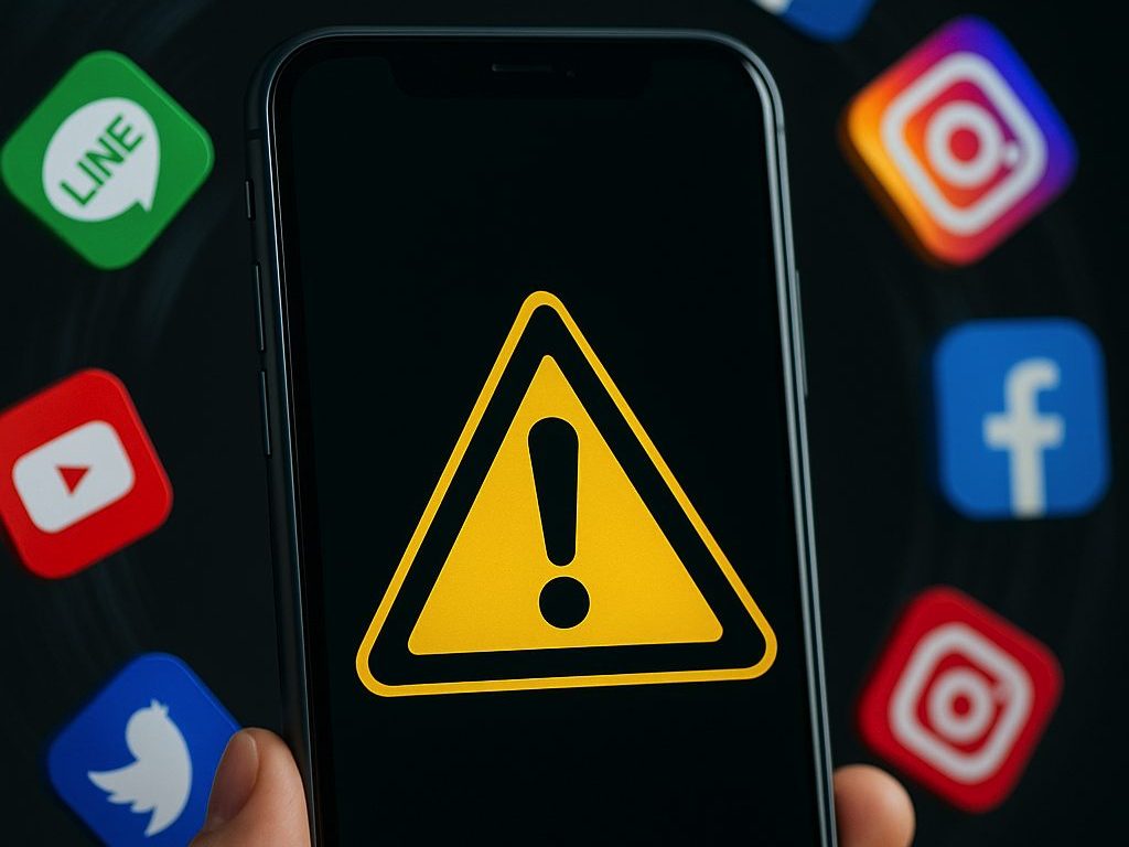 SNSの危険性を表すスマホ画面。Instagram/Facebook/YouTube/Twitter/X/LINE
