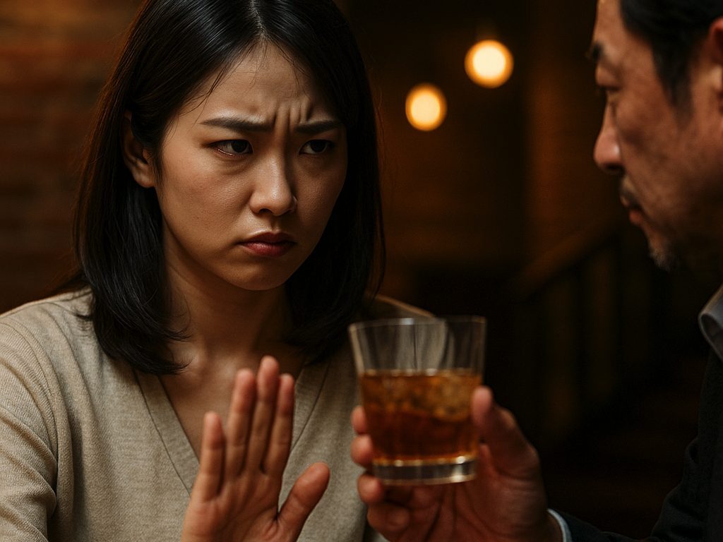 薬物を混入されたお酒を出されて拒否する女性