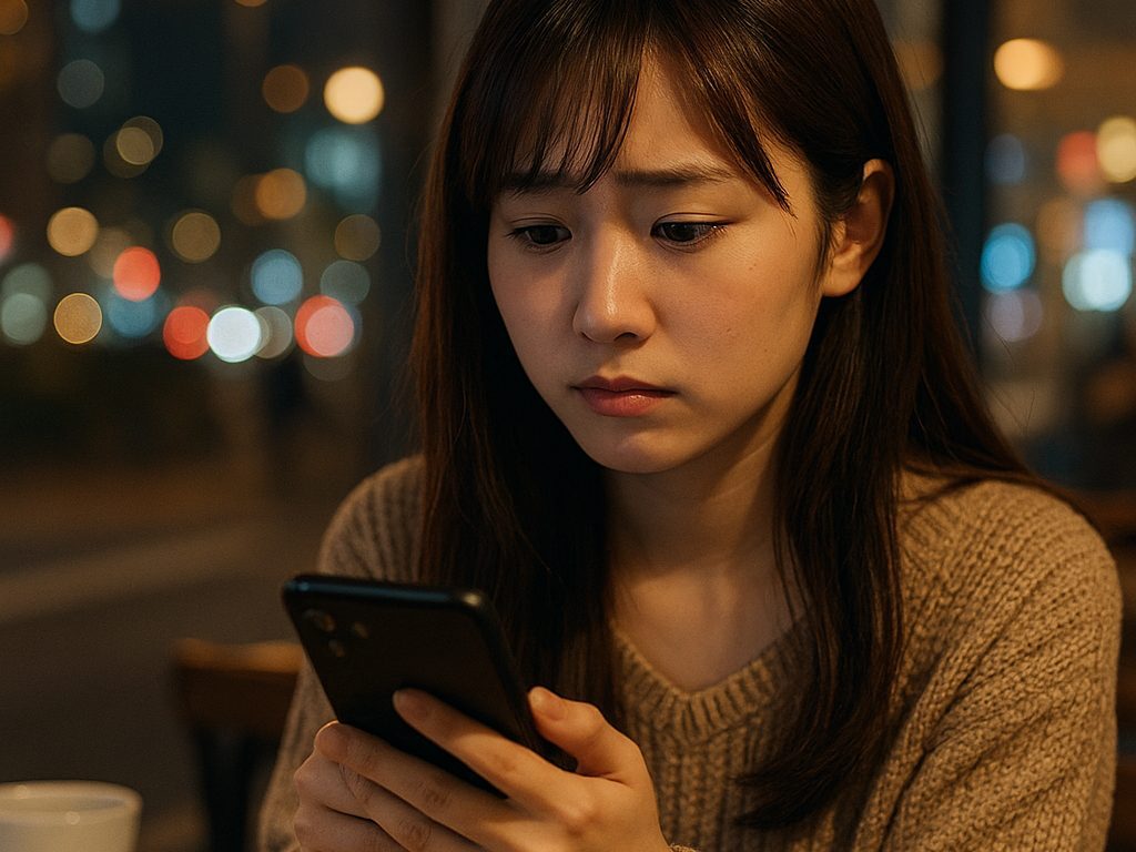 不安そうにスマホを見る女性