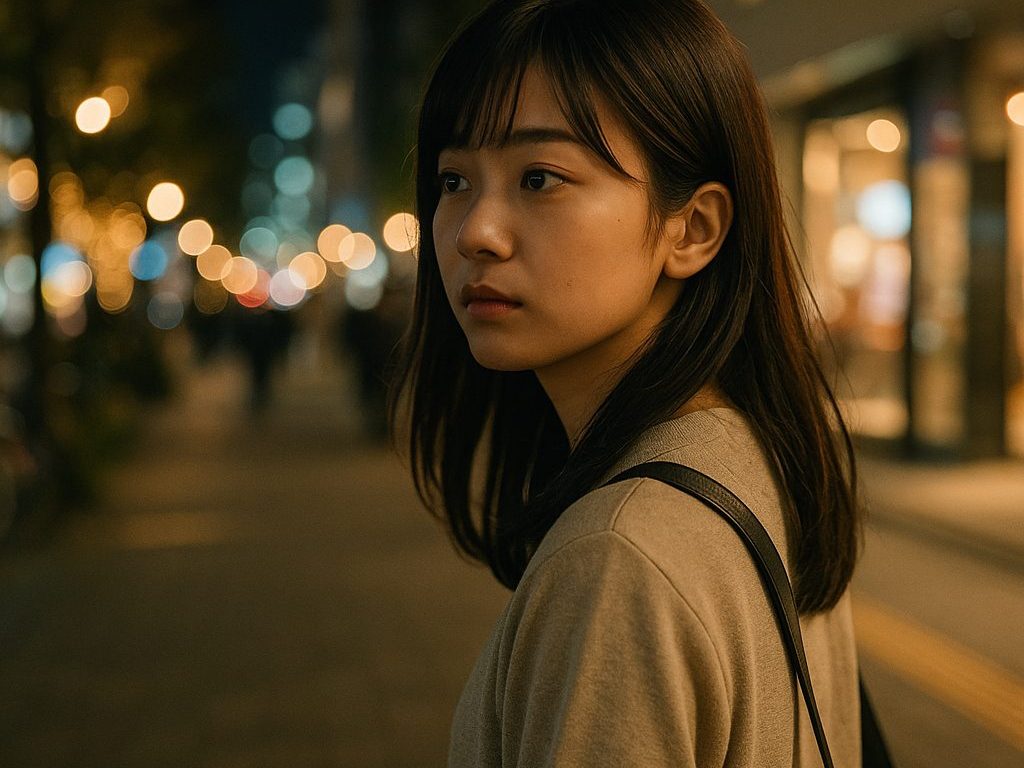 夜の待ちでたそがれる女性