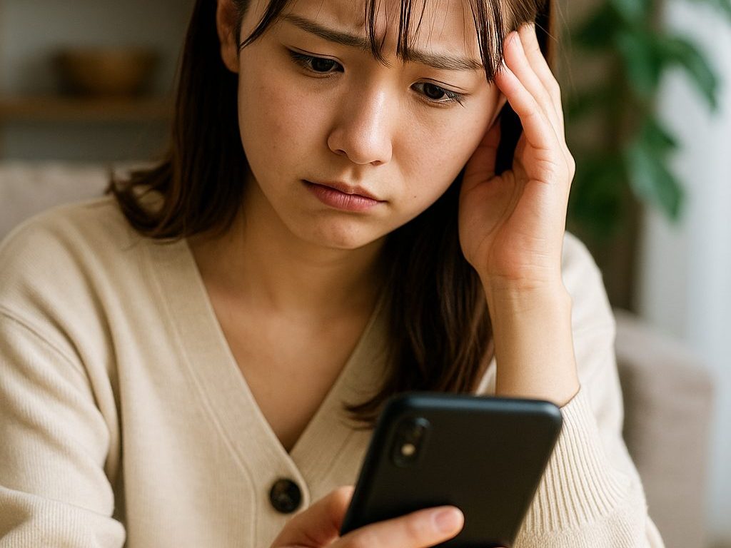 スマホを見て悩む女性