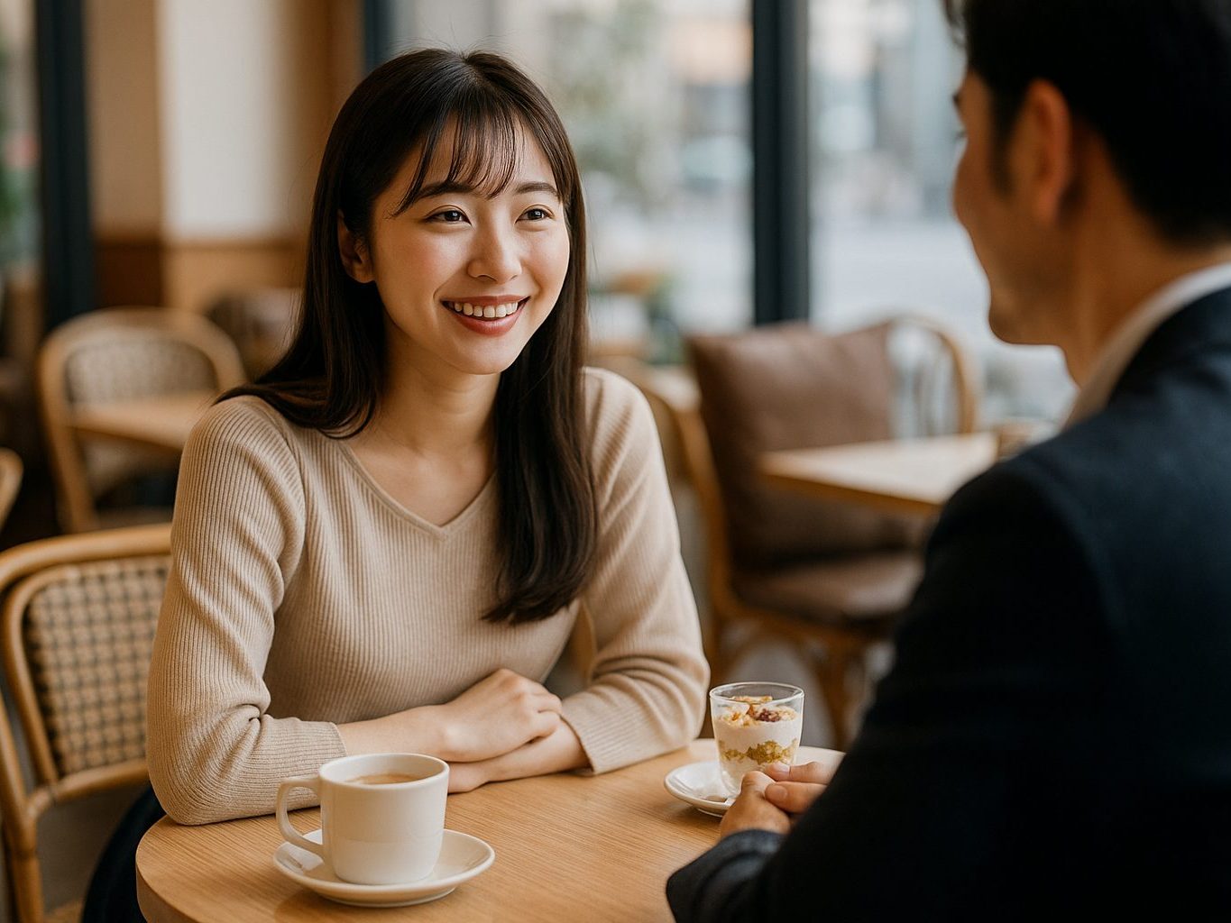 オープンなカフェで顔合わせする男女
